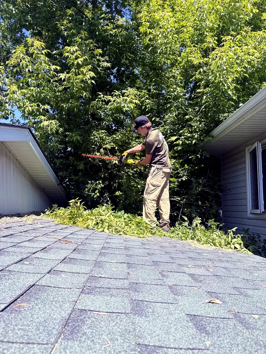 Edge Property Services trimming overgrown branches with a hedge trimmer in Calgary