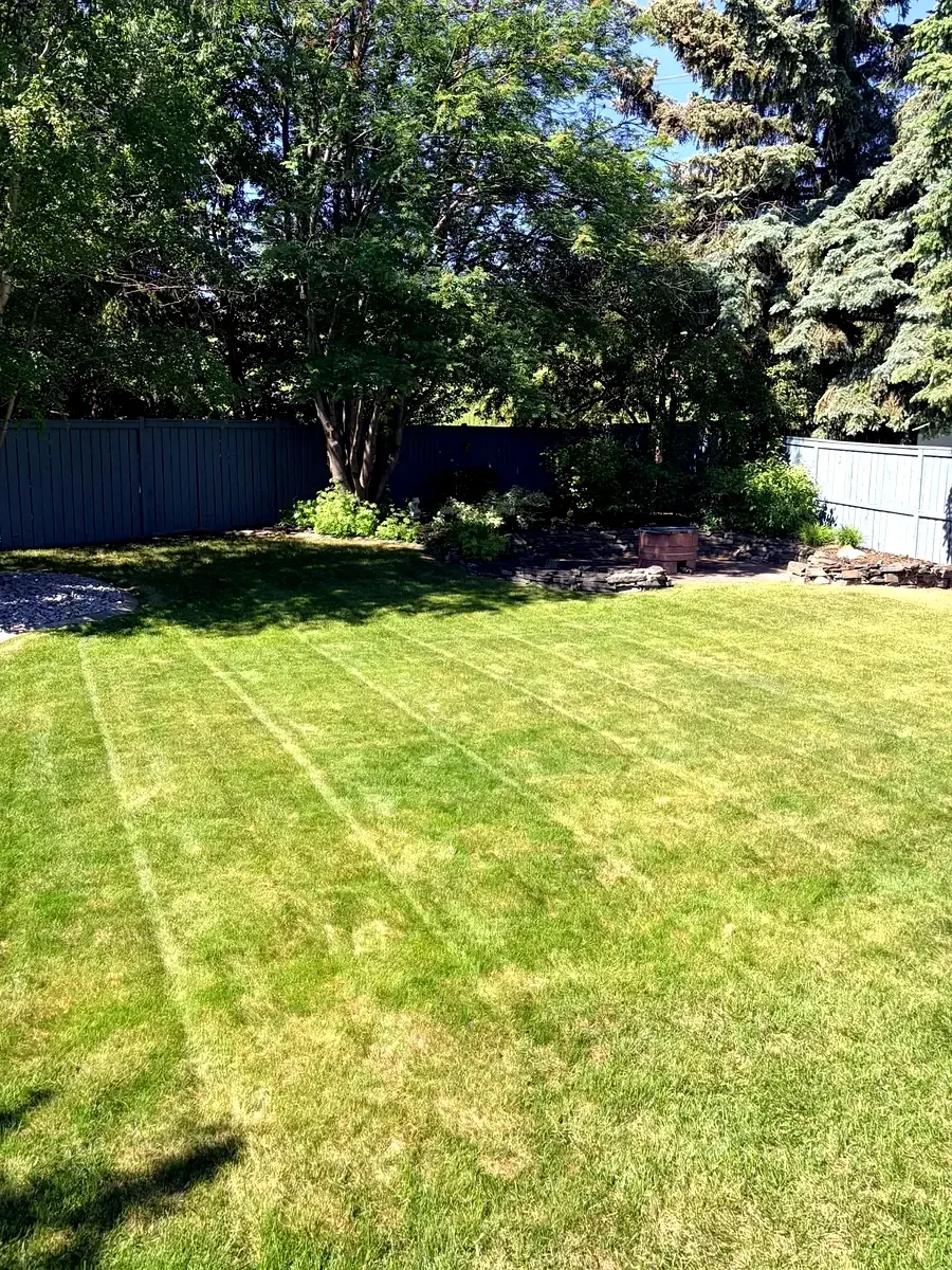 Freshly mowed backyard with crisp mowing stripes; Calgary lawn care by Edge Property Services